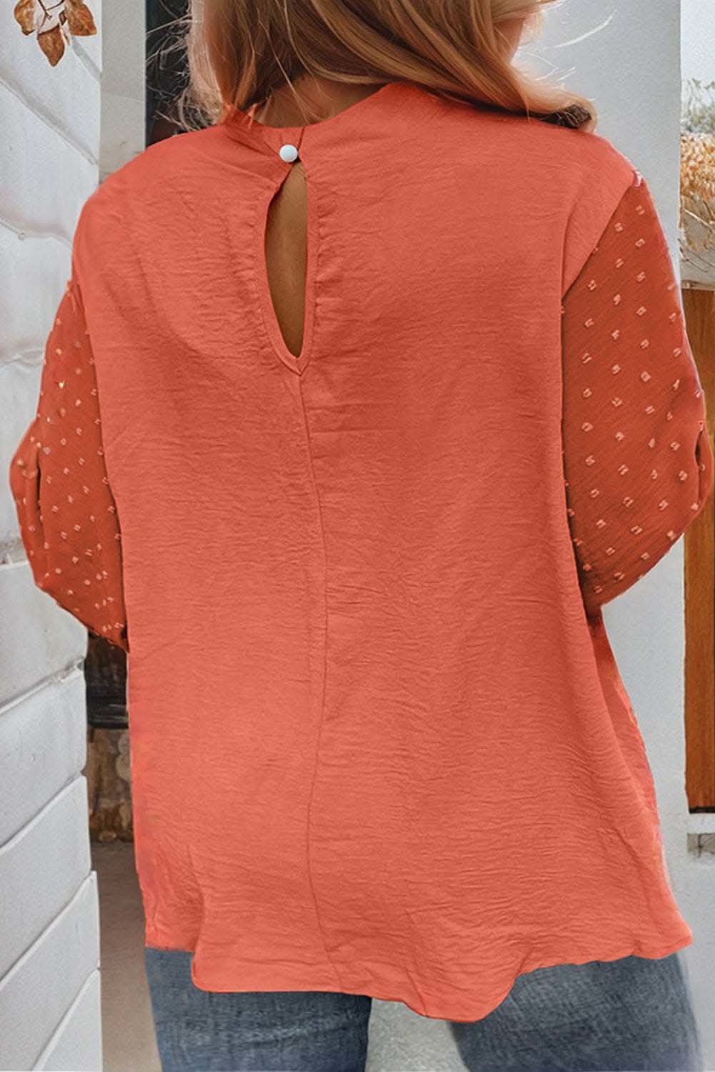 Russet Orange Swiss Dot Balloon Sleeve Loose Blouse - Love Salve
